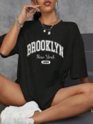 Baskılı Oversize Bisiklet Yaka T-shirt - Siyah resmi